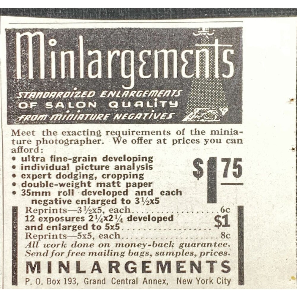 Minlargements "Standardized Enlargements of Salon Quality" Vintage Print Ad 1940